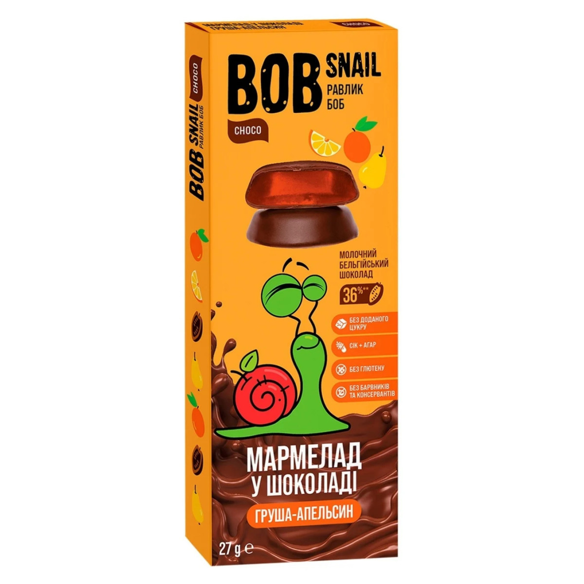 Мармелад "Bob Snail" Груша-Апельсин в молочному шоколаді, 27г, Україна