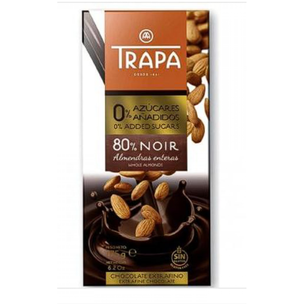Шоколад "TRAPA" INTENSO чорний без цукру 80% з мигдалем, 175г, Іспанія