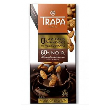 Шоколад "TRAPA" INTENSO чорний без цукру 80% з мигдалем, 175г, Іспанія