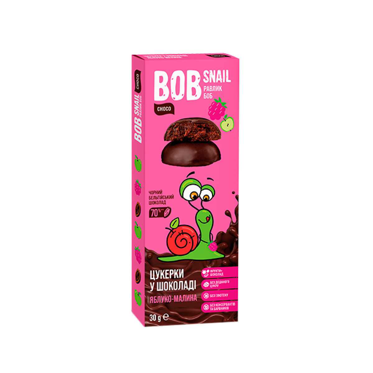 Цукерки "Bob Snail" з яблуком та малиною в чорн. шокол.і, 30г, Україна