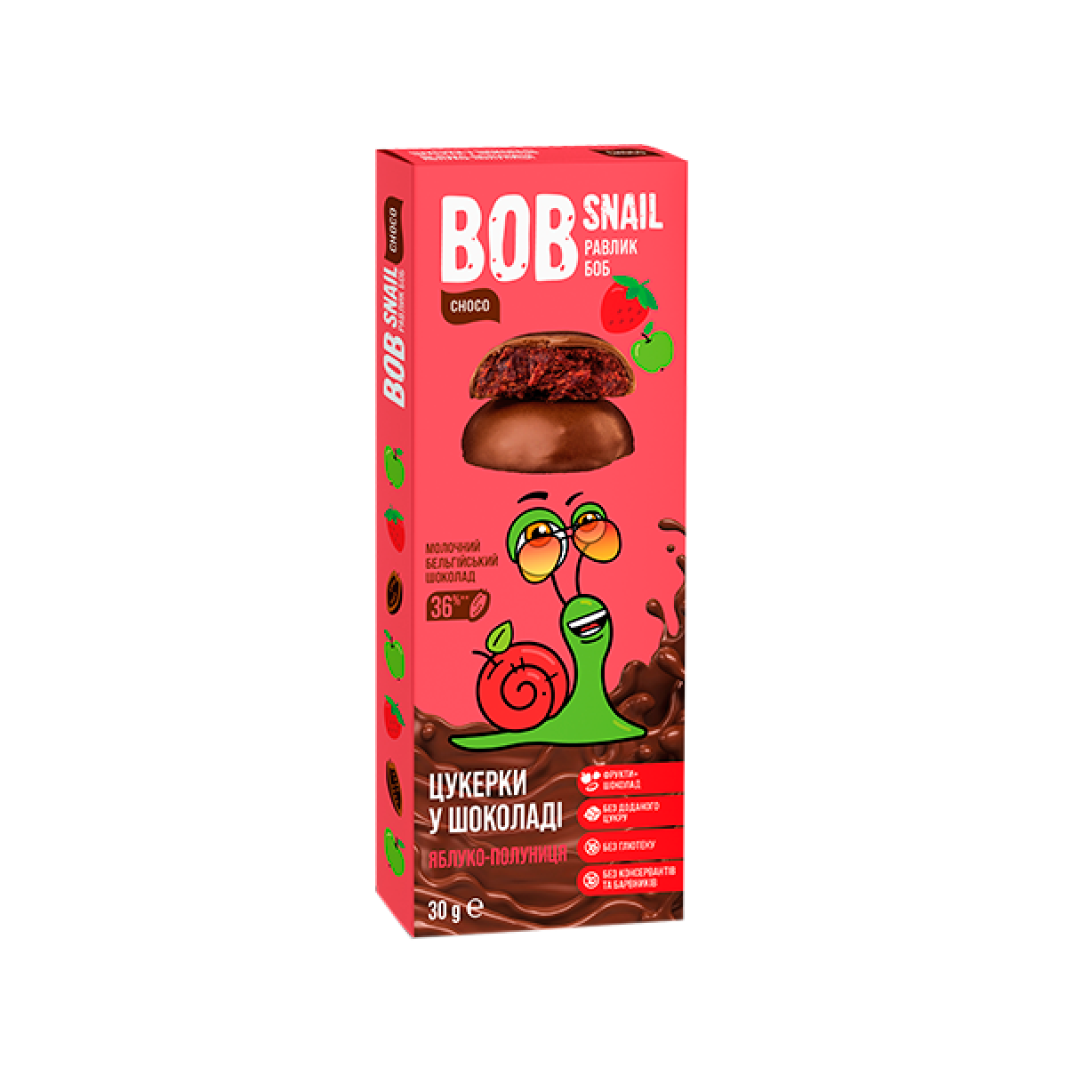 Цукерки "Bob Snail" з яблуком та полуницею в молоч. шокол., 30г, Україна