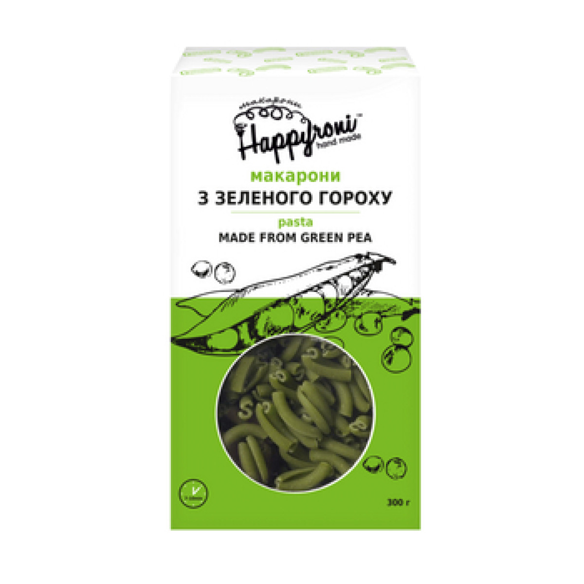 Макарони "Happyroni" завитки з зеленого гороху, 300г, Україна